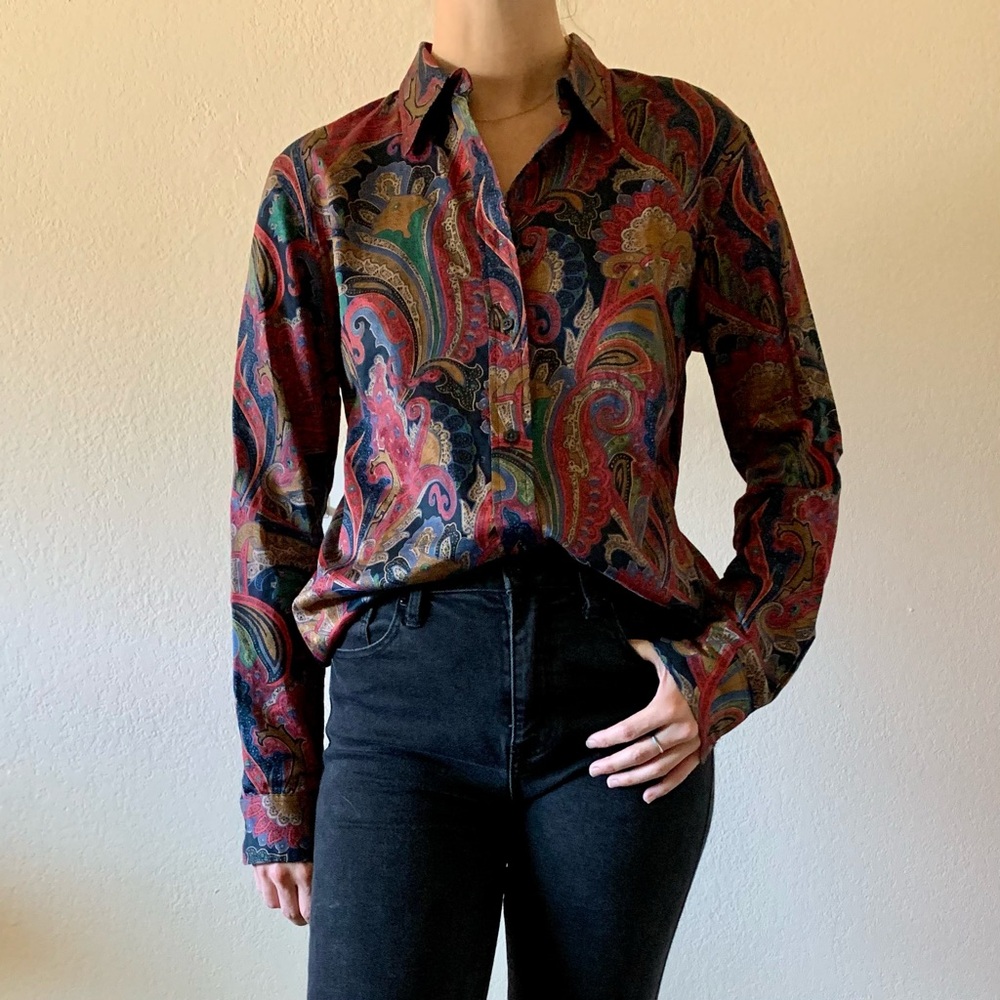 Ralph Lauren Paisley Patterned Long Sleeve Button Up Blouse Sz Medium
